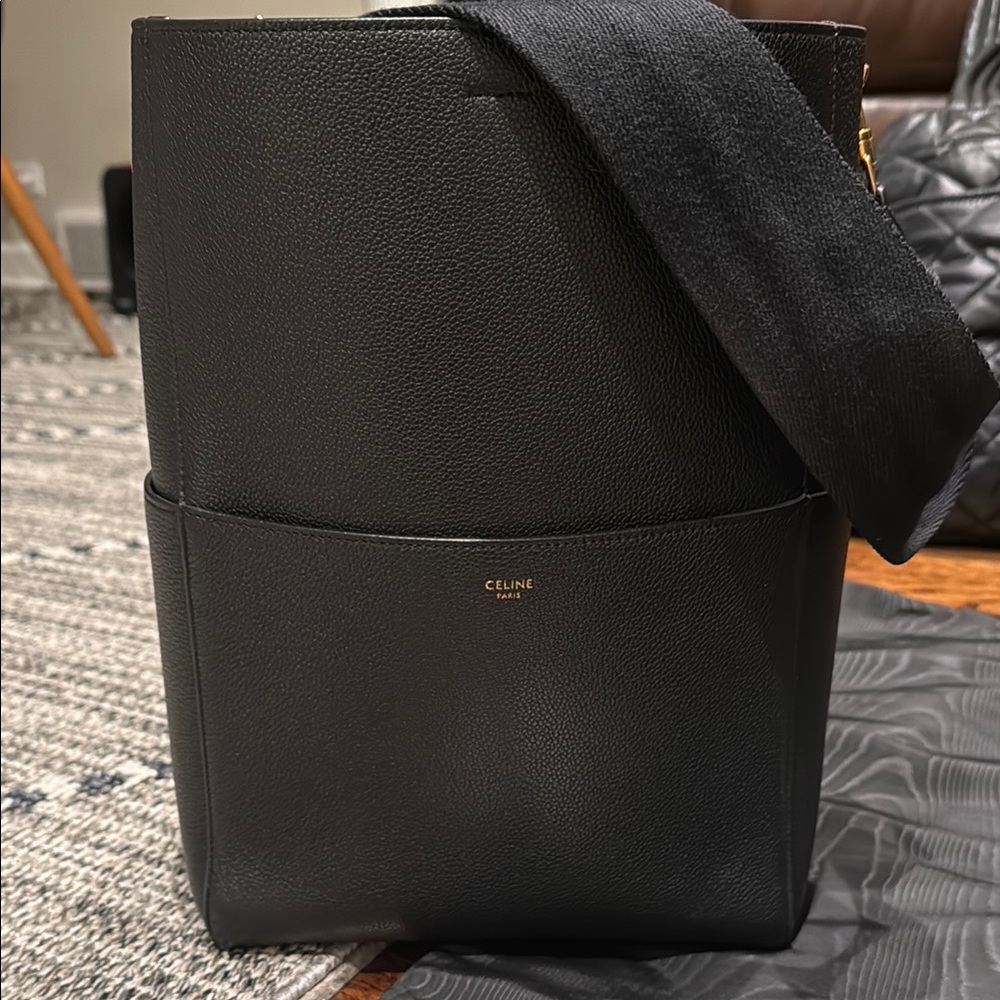 Celine Black Leather Sangle Tote Bag